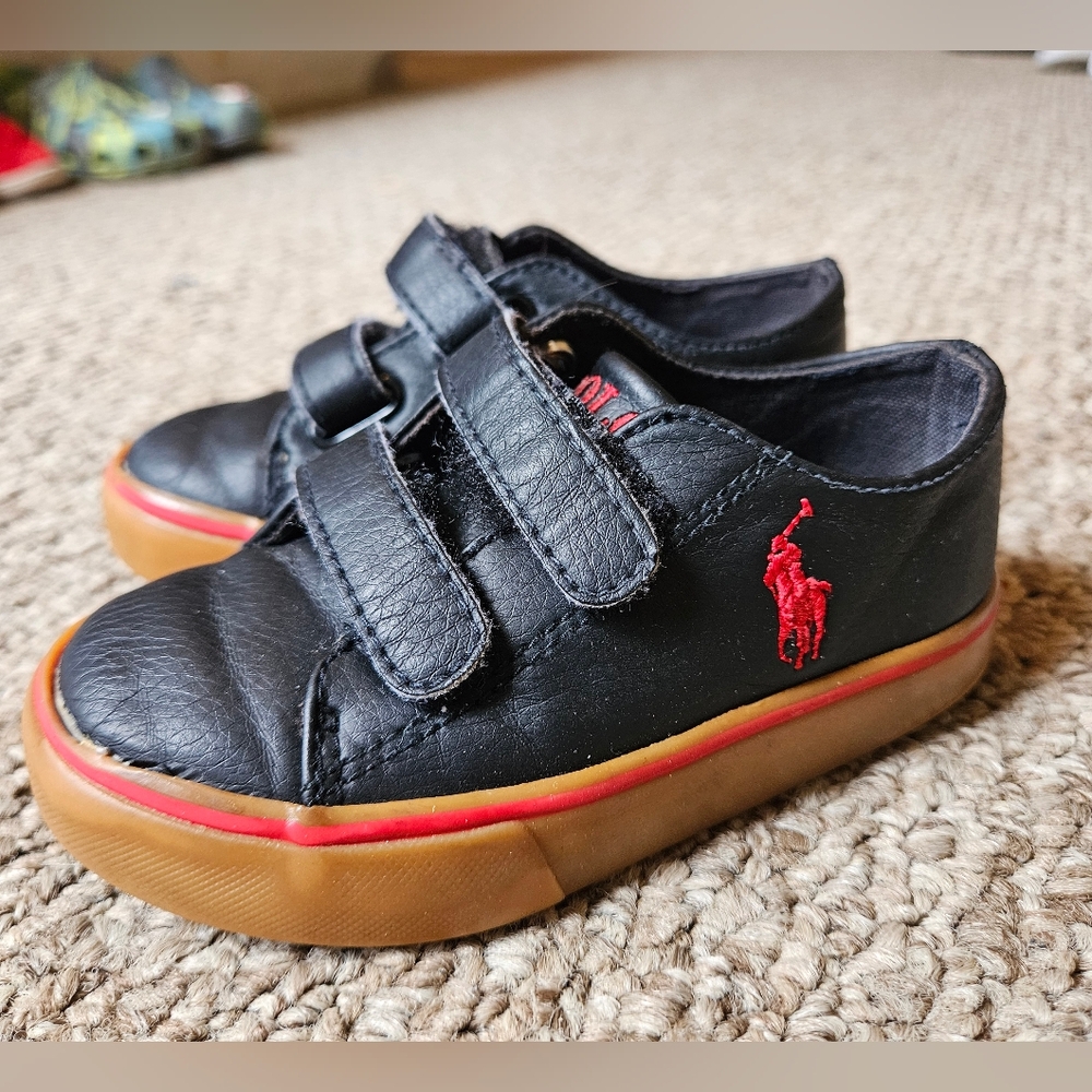 Polo by Ralph Lauren Black Red Shoes with Velcro Straps - Boys Size 7
